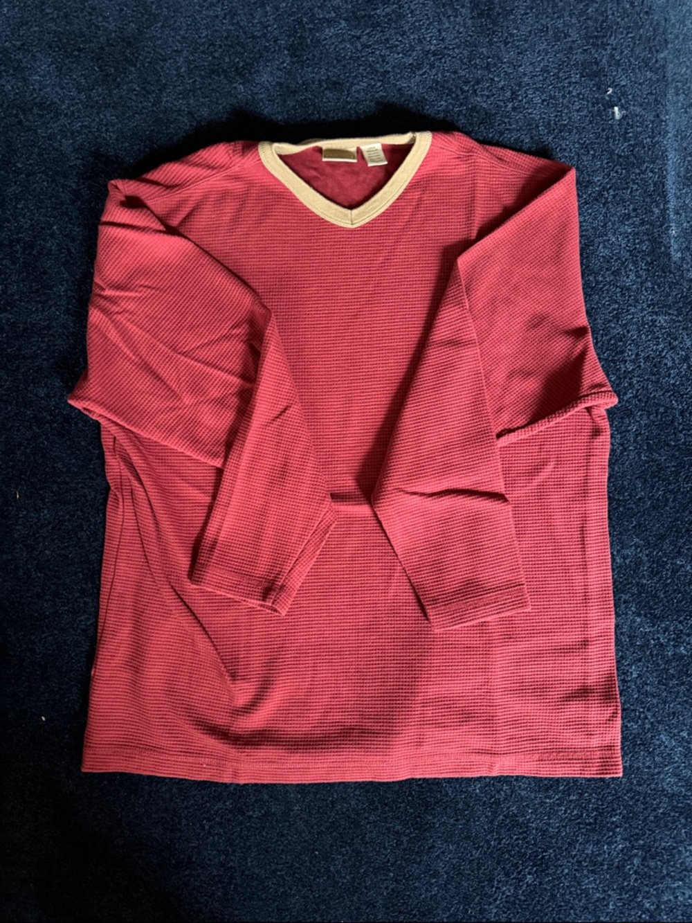 LL Bean Men's Red V-Neck Long Sleeve Tee with Contrast Trim